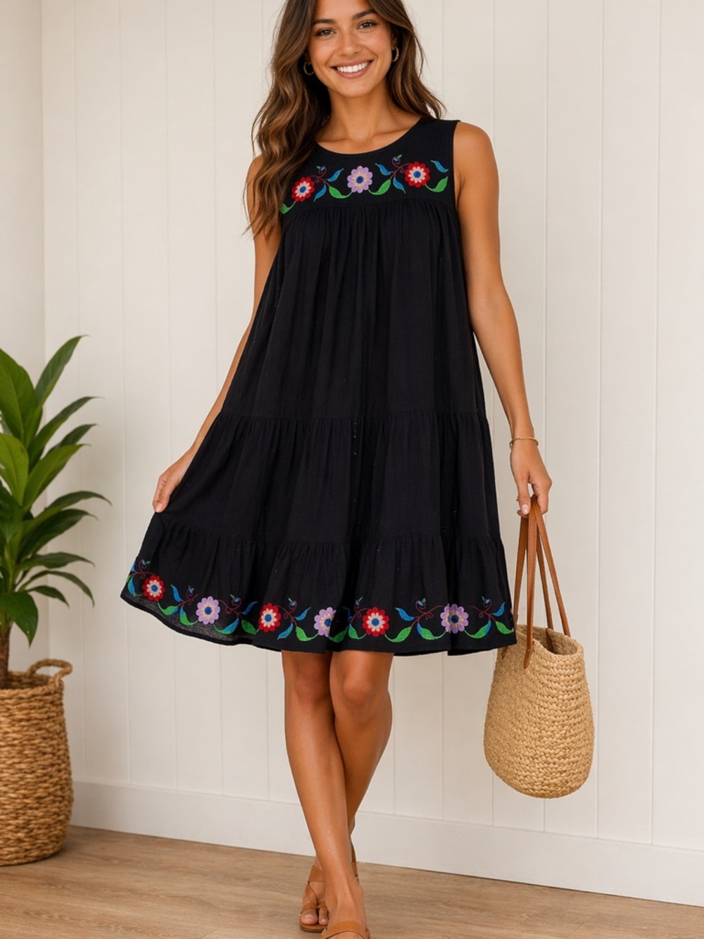 Velvet by Graham & Spencer Black‎ Floral Embroidered Tiered Cotton dress M BOHO